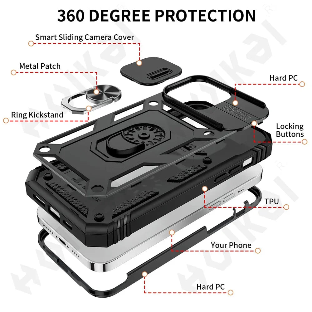 Shockproof 360 Case with Magnetic Ring Holder Stand For iPhone 15 14 13 12 Pro Max Plus Full Body Rugged Protective Slide Camera Cover