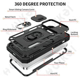 Rugged protective phone case with multiple layers and features for comprehensive device protection.