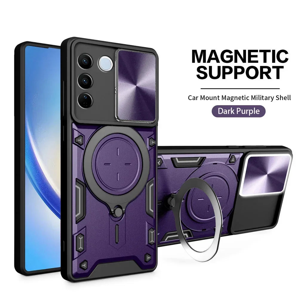 Rugged purple smartphone case with magnetic support and a ring holder.