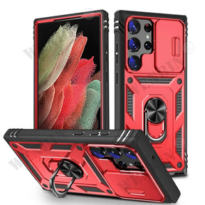 Rugged red and black protective case for a smartphone with multiple camera lenses and a ring stand.