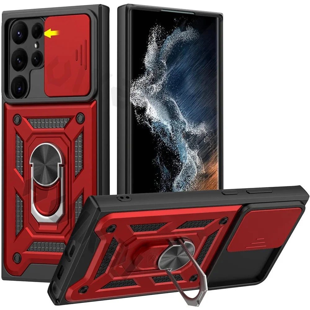 Rugged red and black protective smartphone case with a built-in ring holder and camera lens protection.