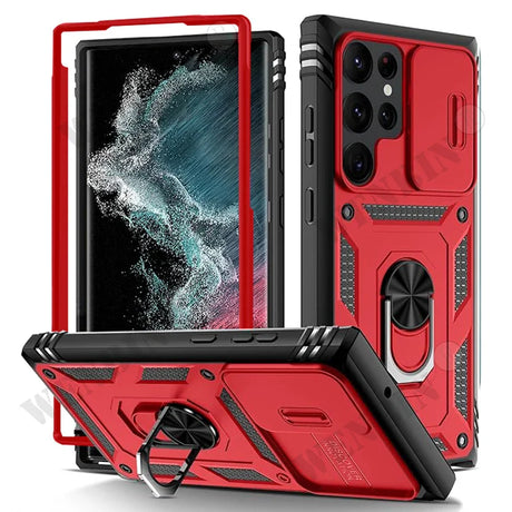 Rugged red and black protective case for a smartphone with a built-in ring holder and kickstand.