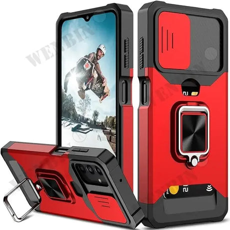 Rugged red and black smartphone case with a built-in ring holder and camera lens protection.