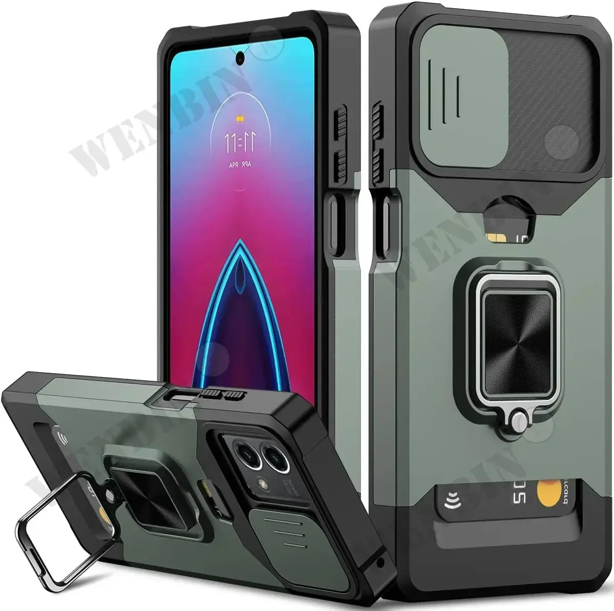 Rugged smartphone case with built-in ring holder and camera lens protection.