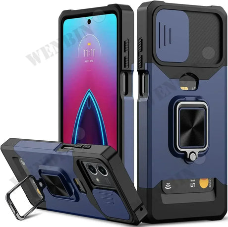 Rugged smartphone case with built-in ring holder and camera lens protection.