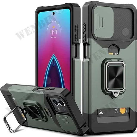 Rugged smartphone case with built-in ring holder and card slot.