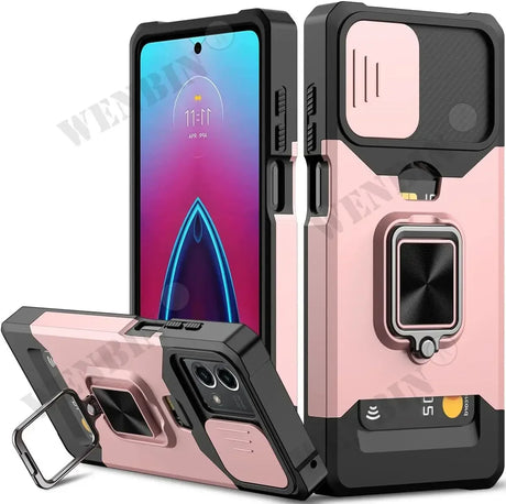 Rugged smartphone case with a built-in ring holder and card slot in pink and black colors.