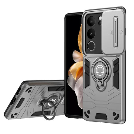 Rugged smartphone case with a built-in ring holder and kickstand.