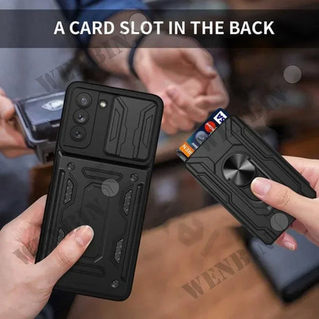 Rugged smartphone case with a built-in card slot on the back.