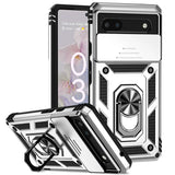 Rugged smartphone case with a built-in ring holder and kickstand.