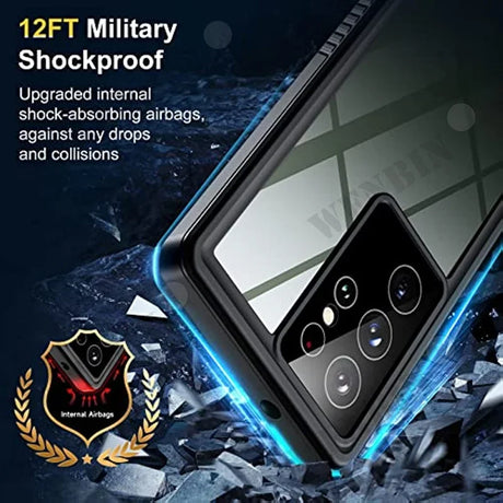 Rugged smartphone case with military-grade shock protection and multiple camera cutouts.