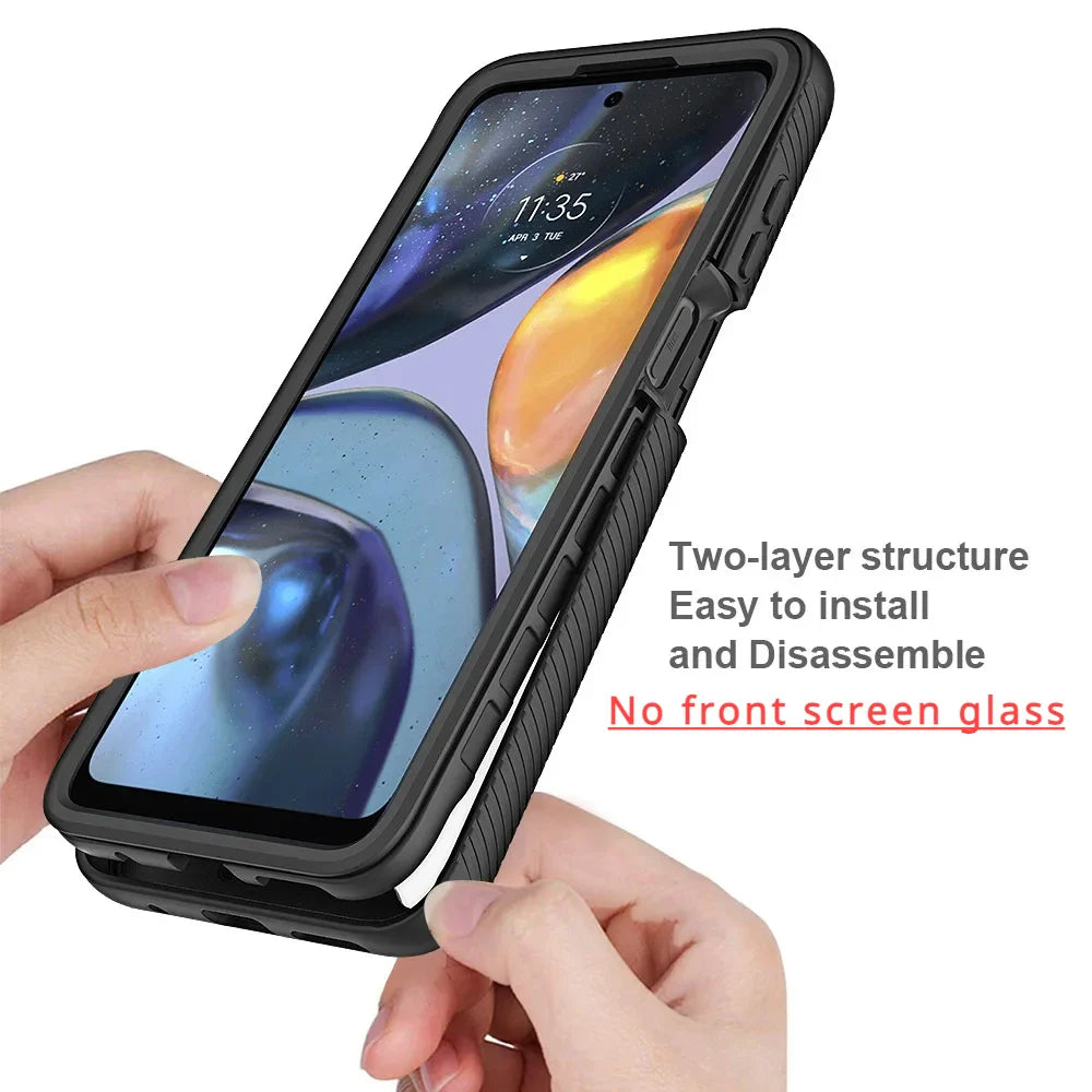 Rugged smartphone case with a two-layer structure being held by hands.