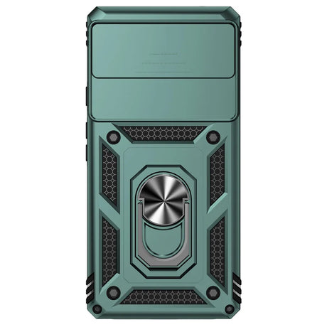 Rugged teal-colored smartphone case with a metallic ring mount and geometric design elements.