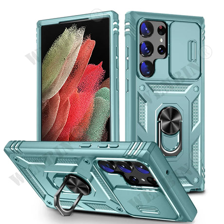 Rugged teal smartphone case with a ring holder and camera lens protection for a multi-camera phone.