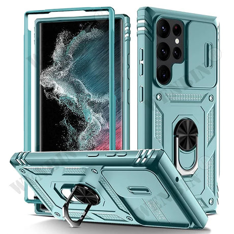 Rugged teal smartphone case with a built-in ring holder and screen protector.