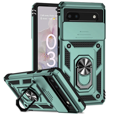 Rugged teal smartphone case with a built-in ring holder and kickstand.