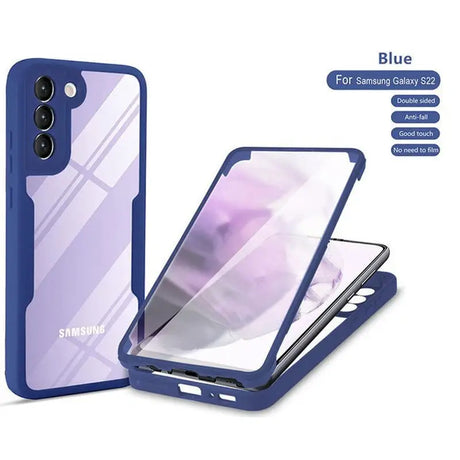 the back of a blue samsung case with a glass screen protector