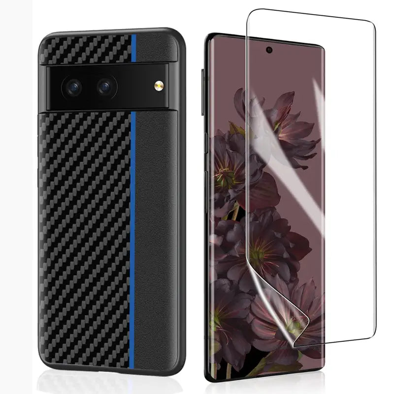 the front and back of a black carbon carbon carbon case with a carbon carbon screen protector