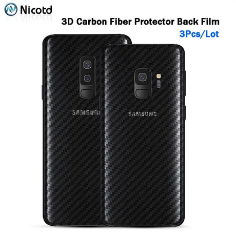 the back and side of a black samsung s9 carbon fiber protector back film