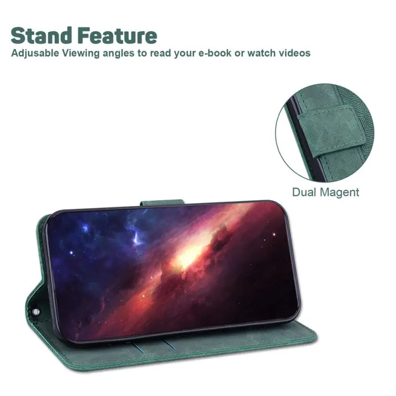 the back of a green samsung phone case with a picture of a nebula nebula in the background