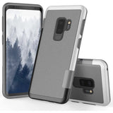 the back of a galaxy s9 phone case with a grey and white pattern