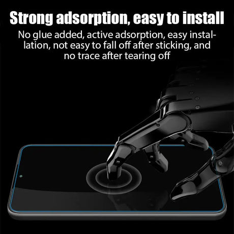 a close up of a phone with a black background and a text that reads strong absorption, easy to install