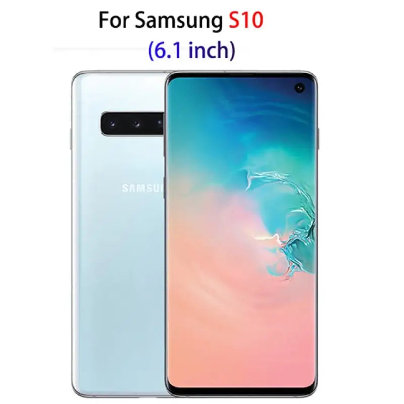 a picture of a samsung s10 with a white background and a blue and pink background