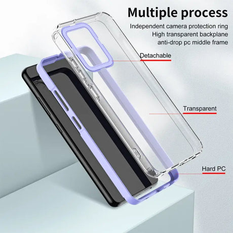 the back of a phone case with a clear back and a purple bumper