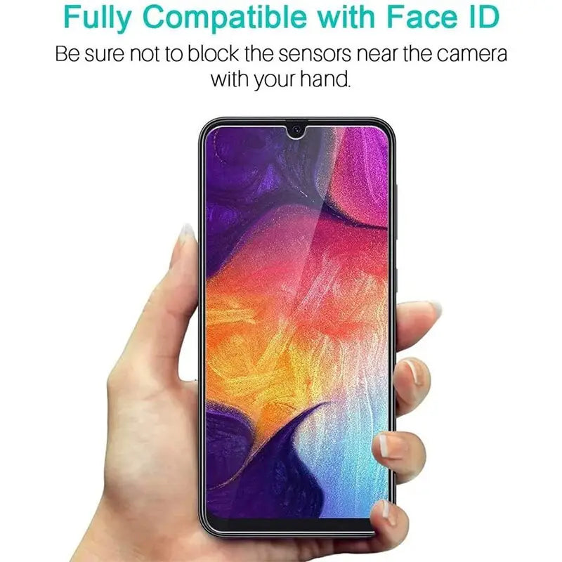 a hand holding a samsung smartphone with the text,’fully compatible with face id ’
