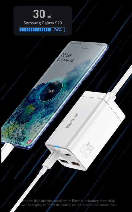 Samsung Galaxy S20 smartphone charging with a Baseus fast charger.