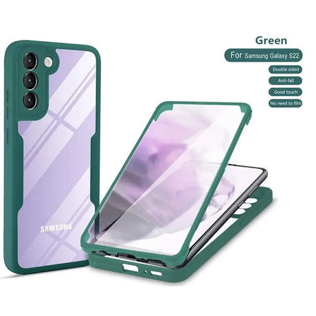 the back of a green samsung phone case with a glass screen