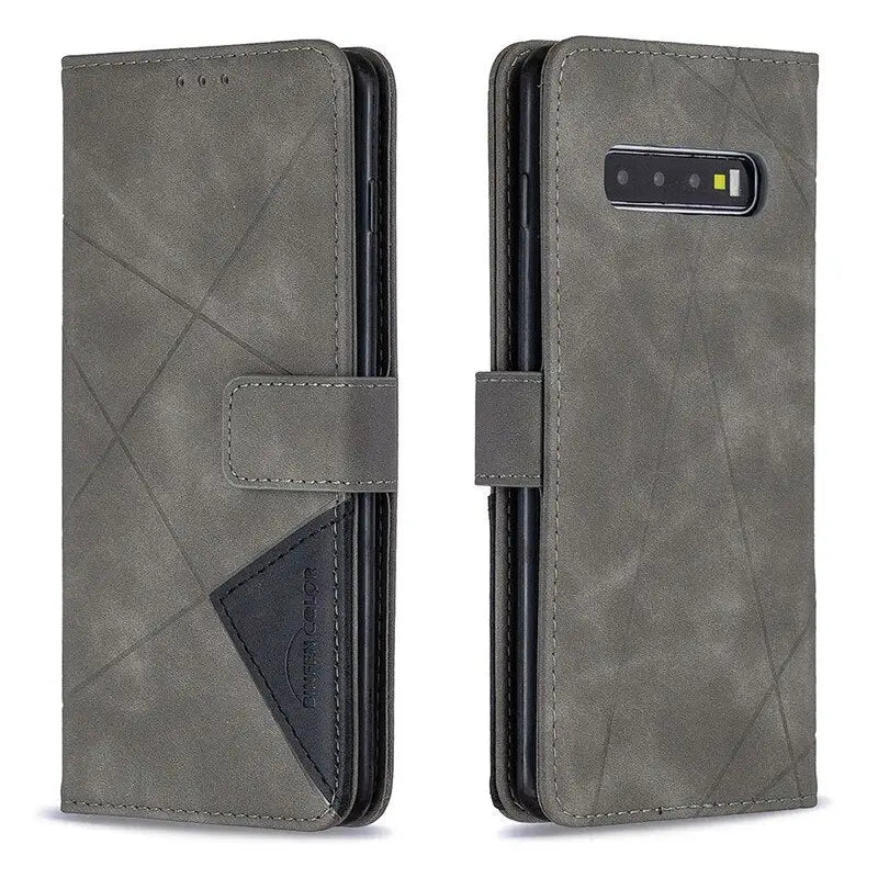 the back of a gray leather wallet case with a black card slot