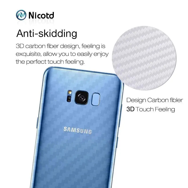 the back of a blue samsung phone with a white background