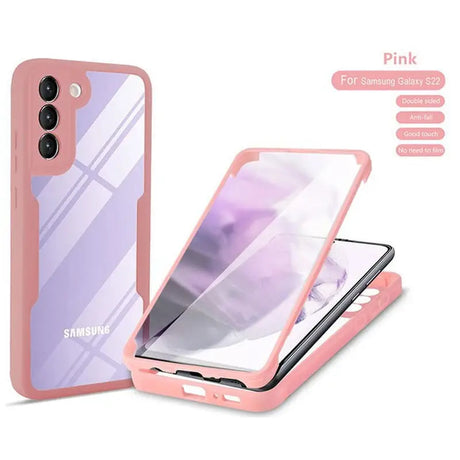 the back of a pink samsung phone case with a glass screen protector