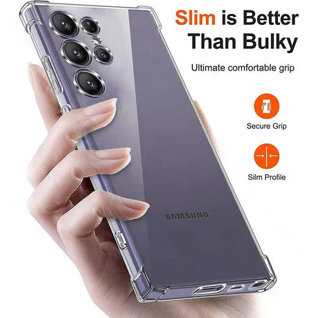 Samsung smartphone with multiple camera lenses and a slim transparent case.