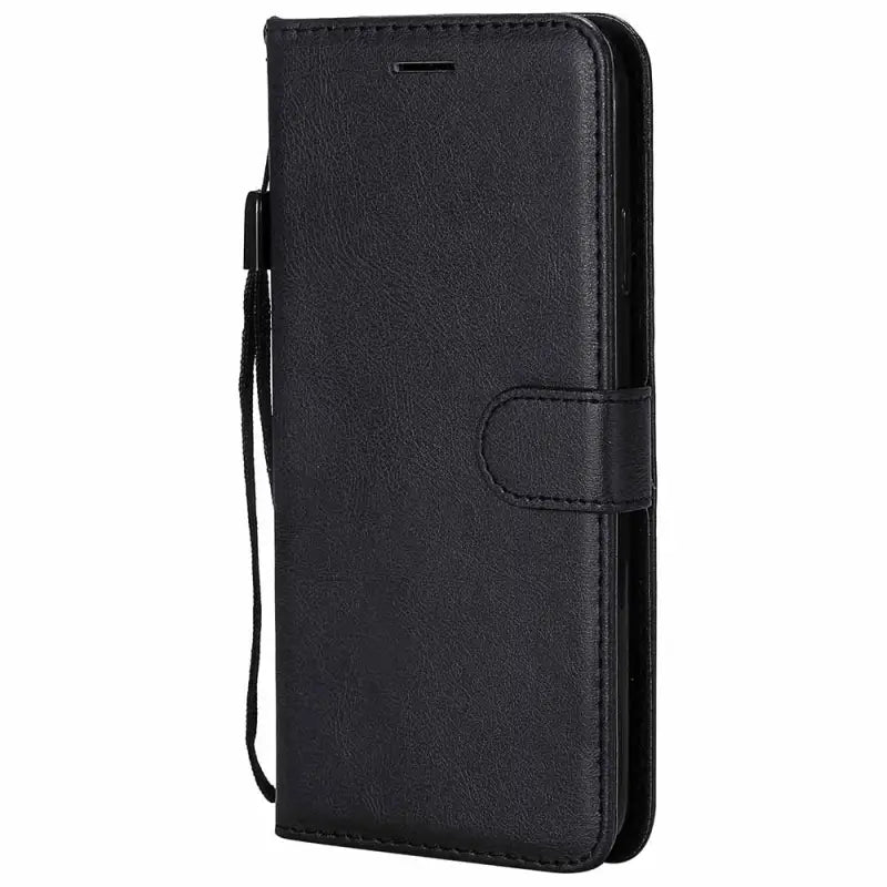 the back of a black leather wallet case