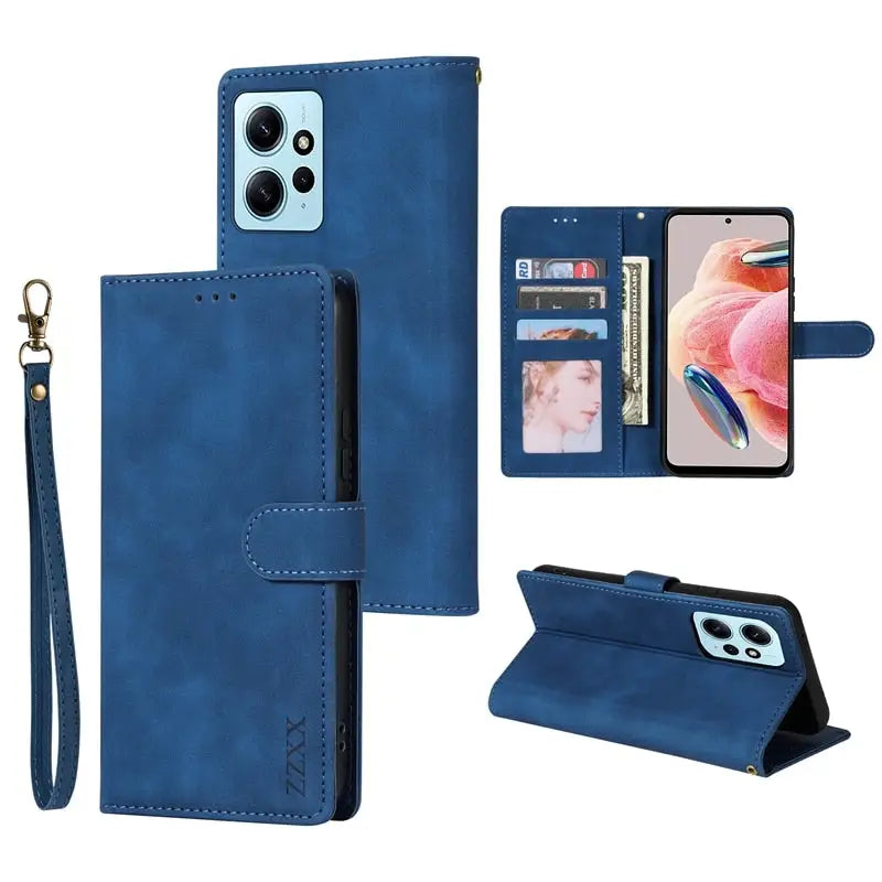 the blue leather wallet case with a phone holder