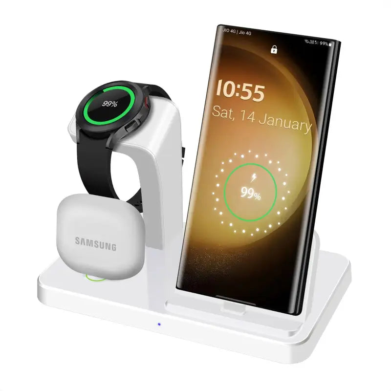 the samsung wireless charging station with a phone and a smartphone