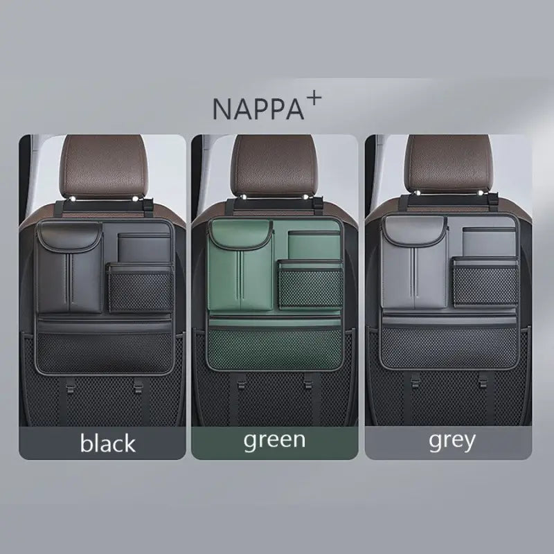 the back of a car seat with a green and black seat