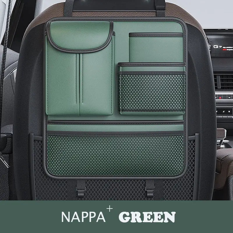 a green car seat cover with a pocket for the back