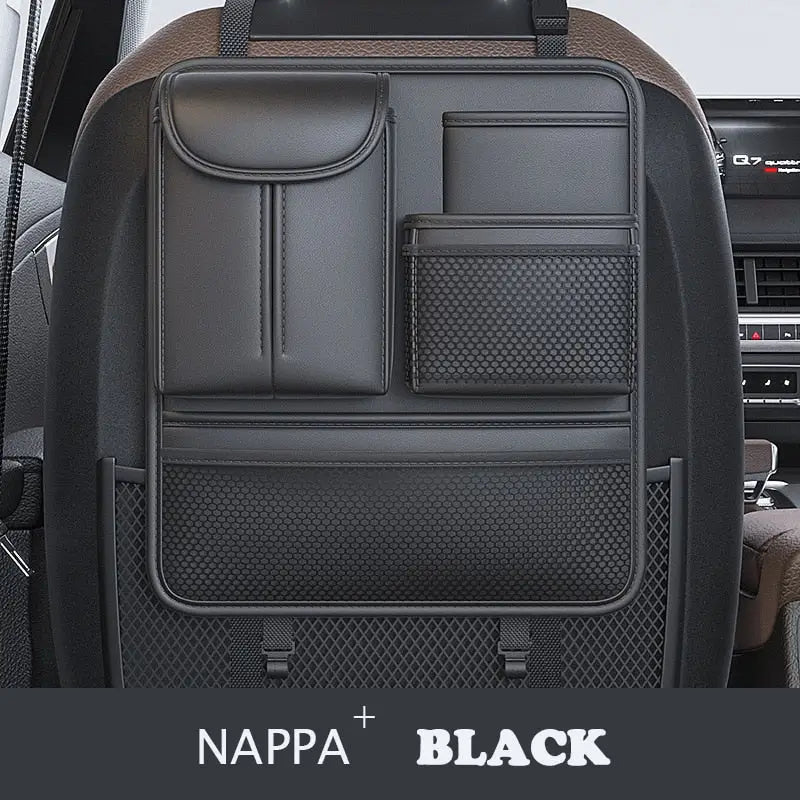 a car seat with a black leather seat cover