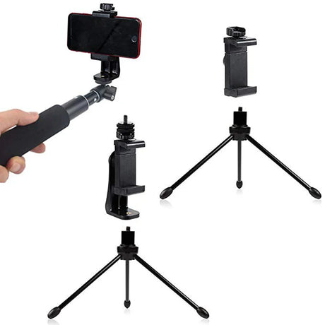 Selfie stick with detachable tripod and smartphone mount accessories.