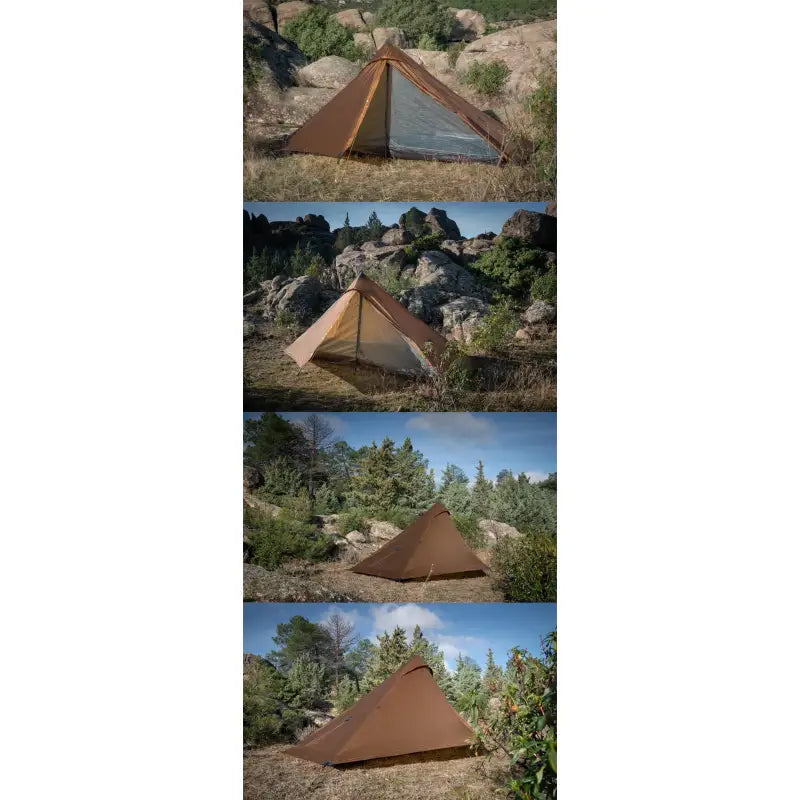 a series of photos of a tent pitched up on a rock