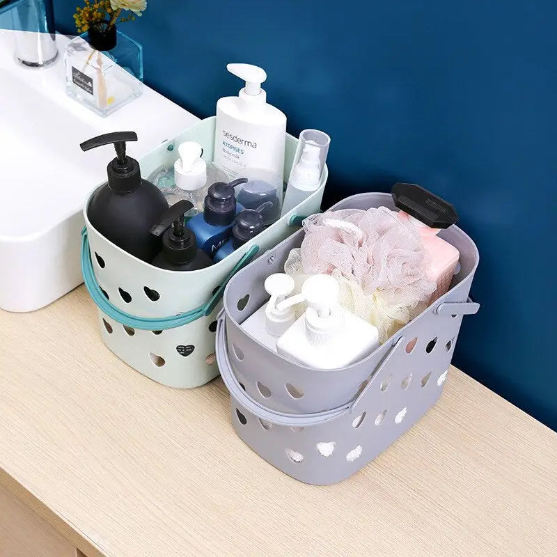 a bathroom sink with two baskets and a sink