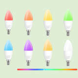 Set of colorful LED light bulbs arranged in two rows.