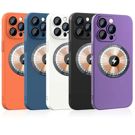 Set of colorful smartphone cases with multiple camera lenses and a circular charging indicator.