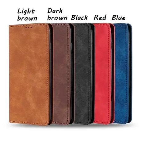 Set of leather phone cases or wallet covers in various colors.