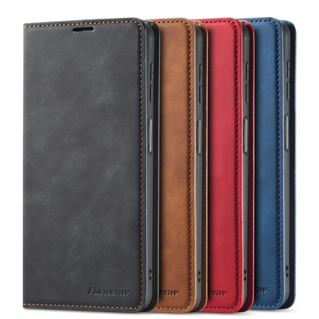 Set of leather smartphone wallet cases in different colors (black, brown, red, and blue).