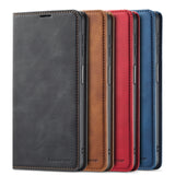 Set of leather smartphone wallet cases in different colors (black, brown, red, and blue).