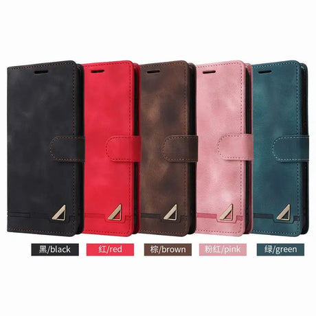 Set of leather wallet-style phone cases in various colors (black, red, brown, pink, and green).